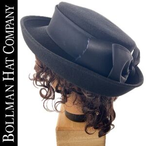 👒Like New Vintage 90s Bollman Hat Co. Black Doeskin 100% Wool Felt Hat with Bow